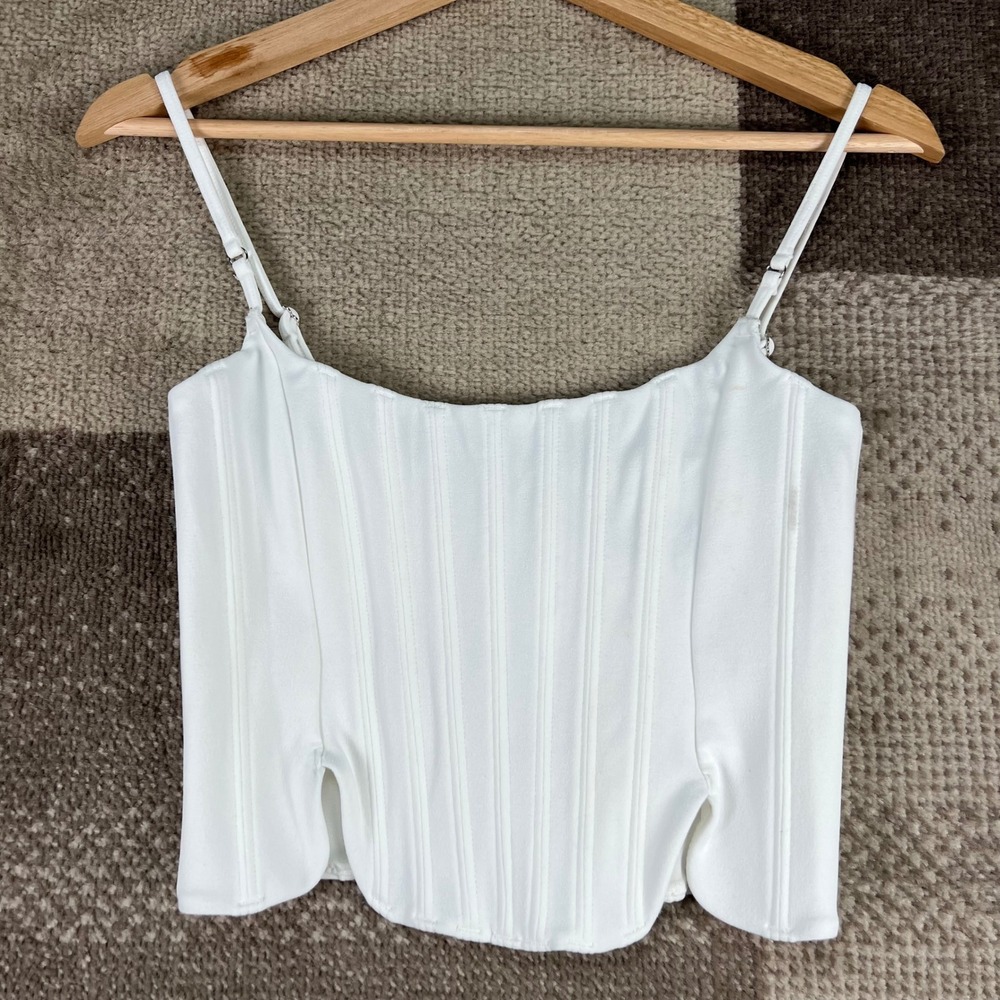 White Fox Boutique White Corset Style Crop Top Small Adjustable Straps Zip Back